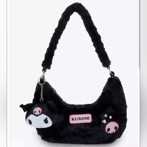 Kuromi Fuzzy Black Plush Shoulder Bag Sanrio Hello Kitty Friends New!